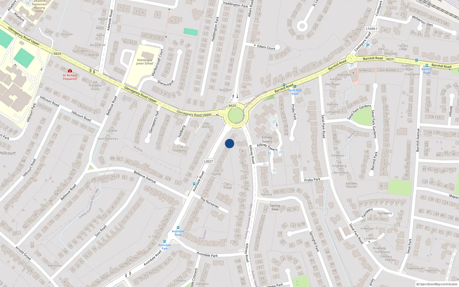Overhead map showing the location of 3 Avondale Road, Killiney, Dublin