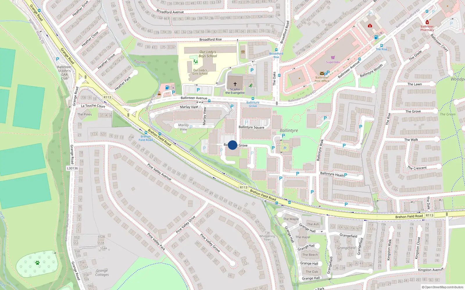 Overhead map showing the location of 3 Ballintyre Grove, Ballinteer