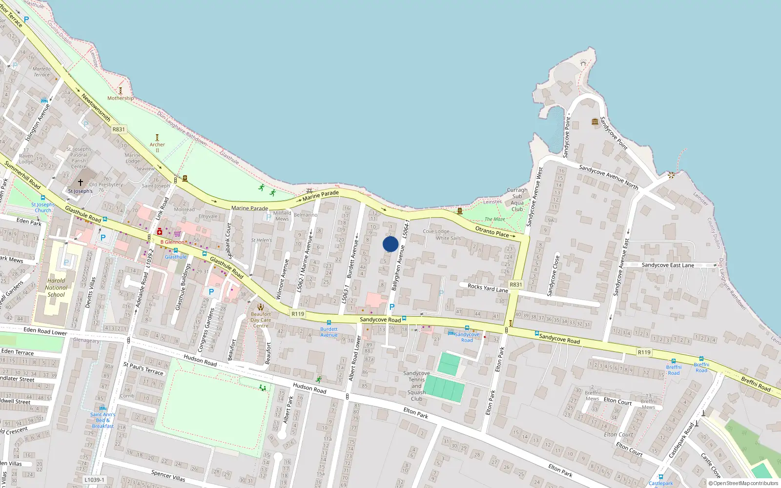 Overhead map showing the location of 3 Ballygihan Avenue, Sandycove, Co. Dublin