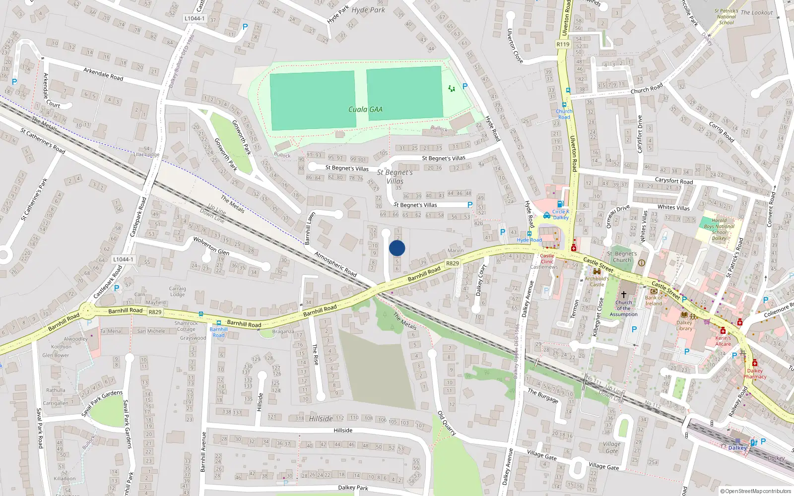 Overhead map showing the location of 3 Barnhill Grove, Dalkey, Co Dublin