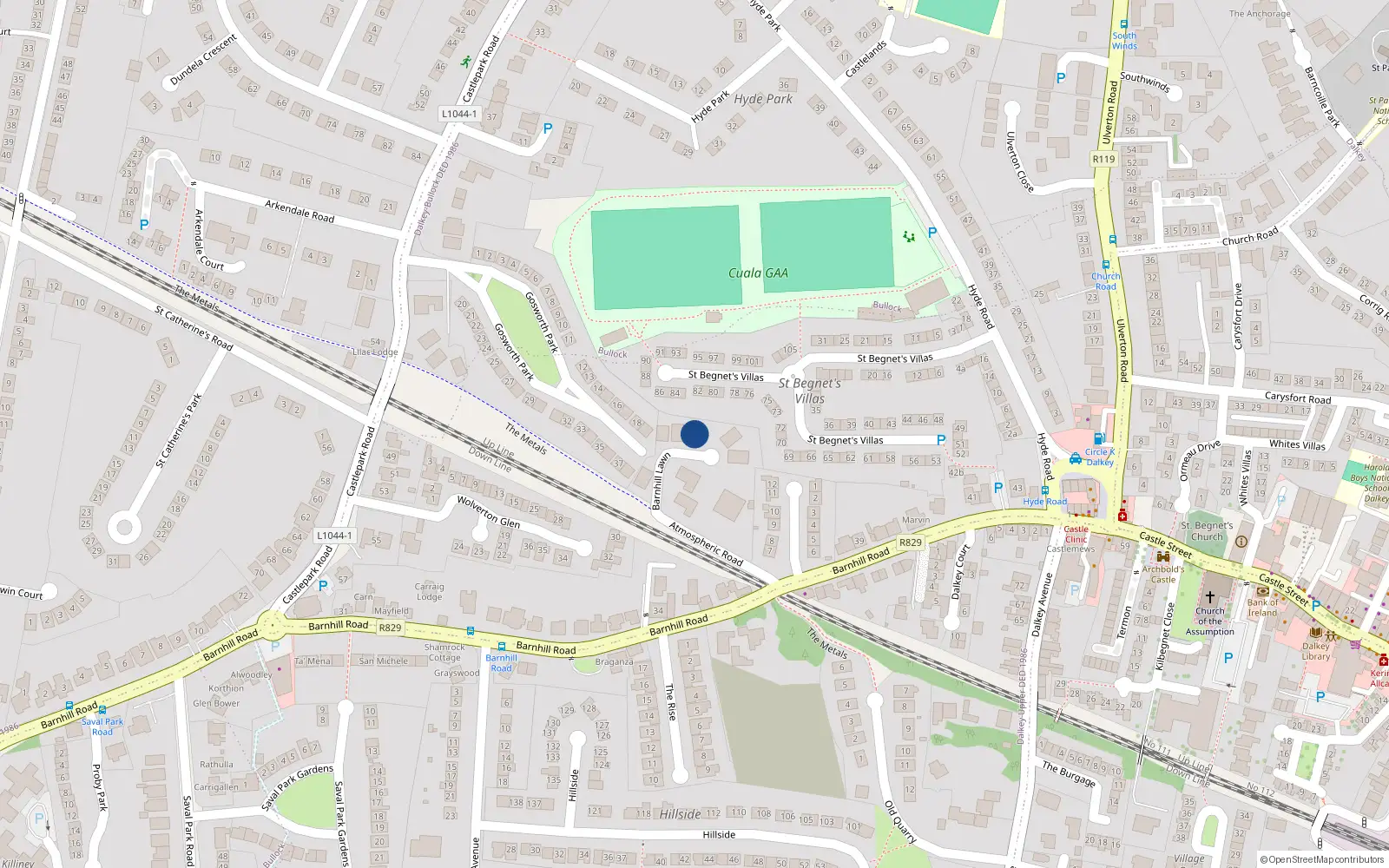 Overhead map showing the location of 3 Barnhill Lawn, Dalkey, Dublin