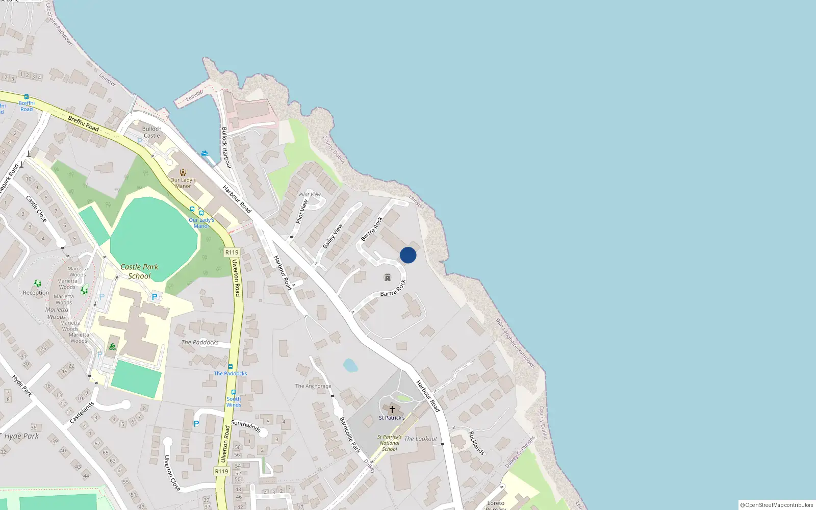 Overhead map showing the location of 3 Bartra Rock, Harbour Road, Dalkey