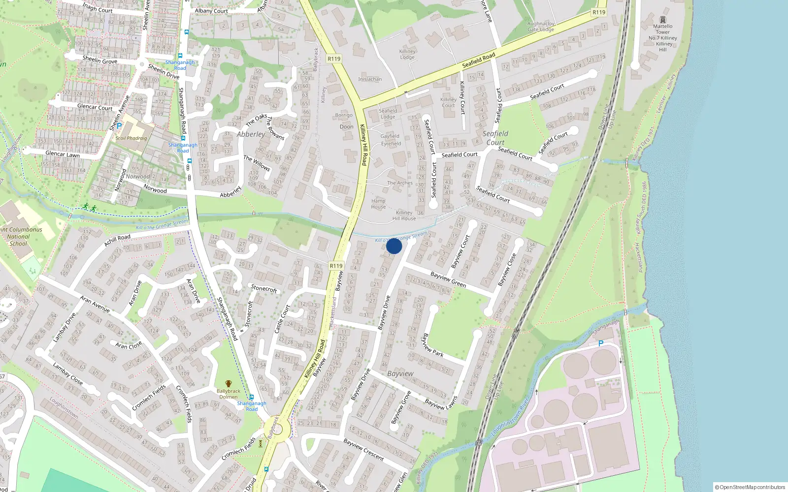 Overhead map showing the location of 3 Bayview Drive, Killiney