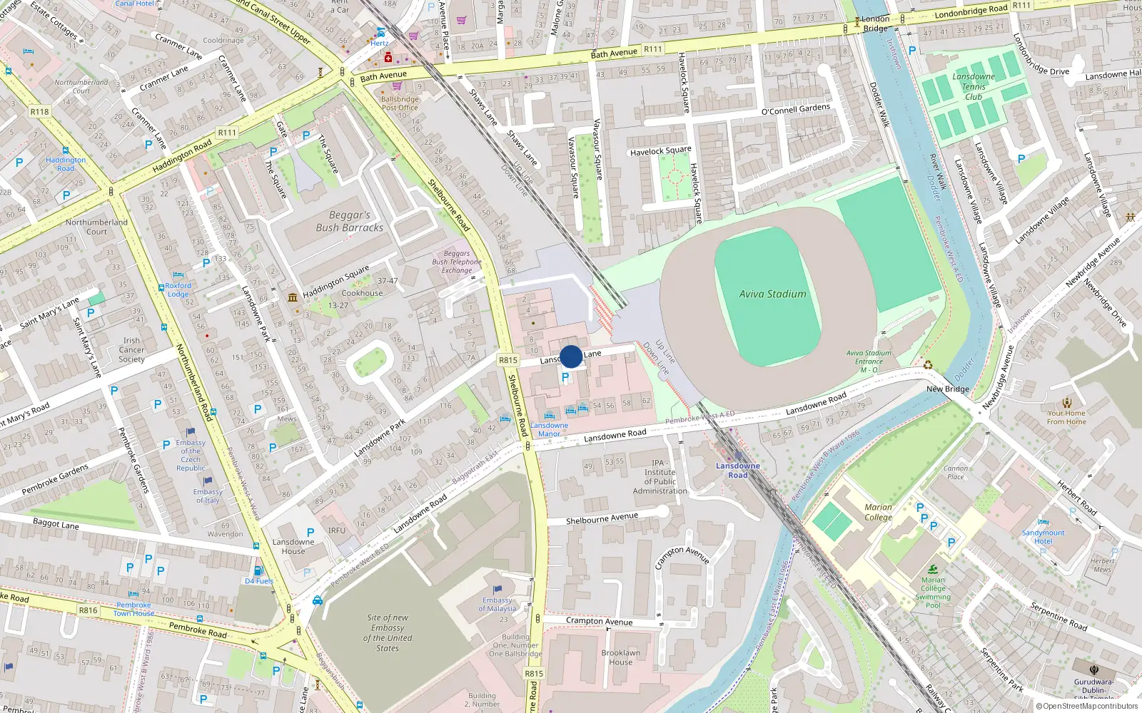 Overhead map showing the location of 3 Berkeley Mews, Lansdowne Lane, Ballsbridge Dublin 4