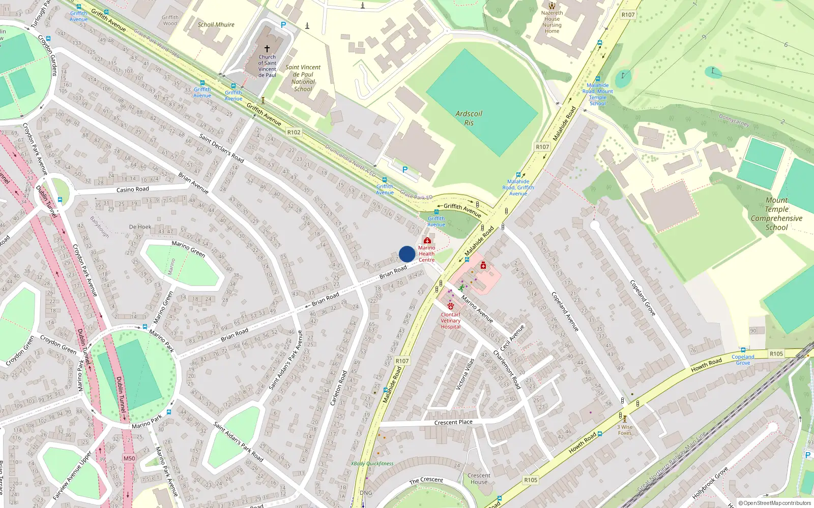 Overhead map showing the location of 3 Brian Road, Marino, Dublin 3