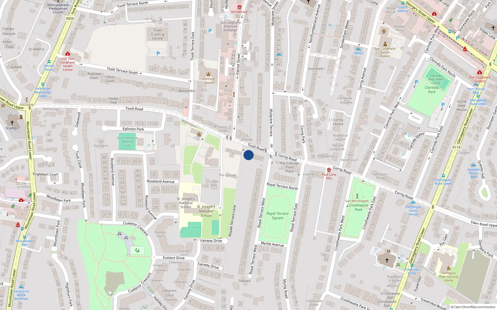 Overhead map showing the location of 3 Carlisle Terrace, Tivoli Road, Dun Laoghaire