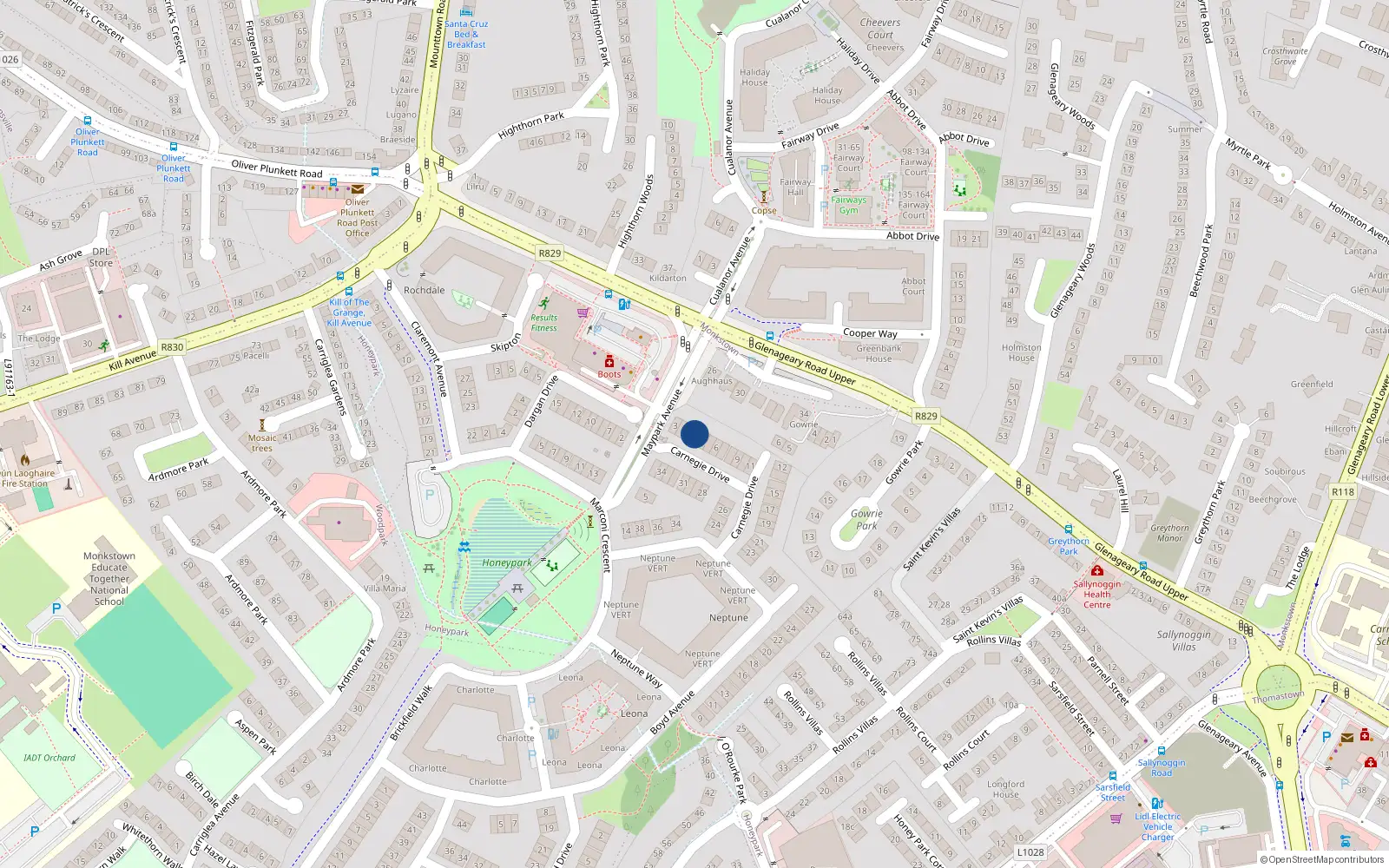 Overhead map showing the location of 3 Carnegie Drive, Dun Laoghaire