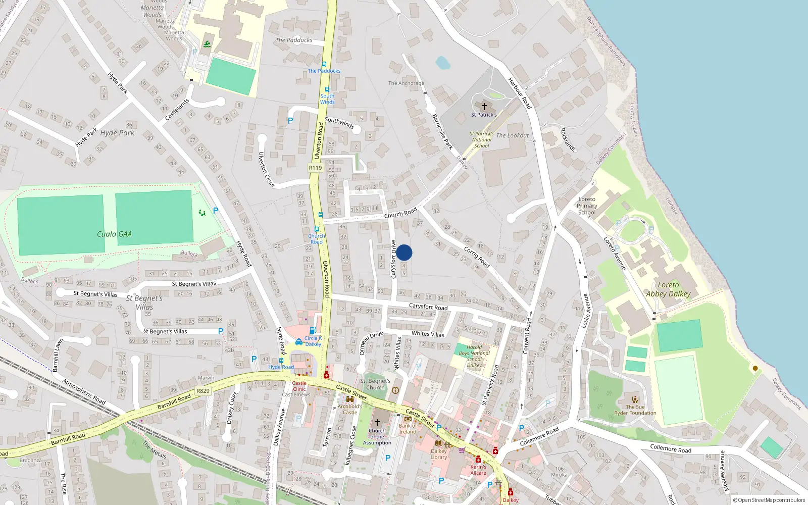 Overhead map showing the location of 3 Carysfort Drive, Dalkey