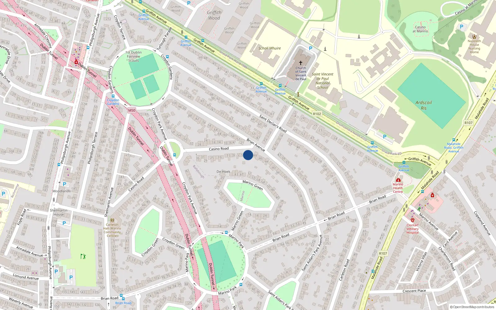 Overhead map showing the location of 3 Casino Road, Dublin 3