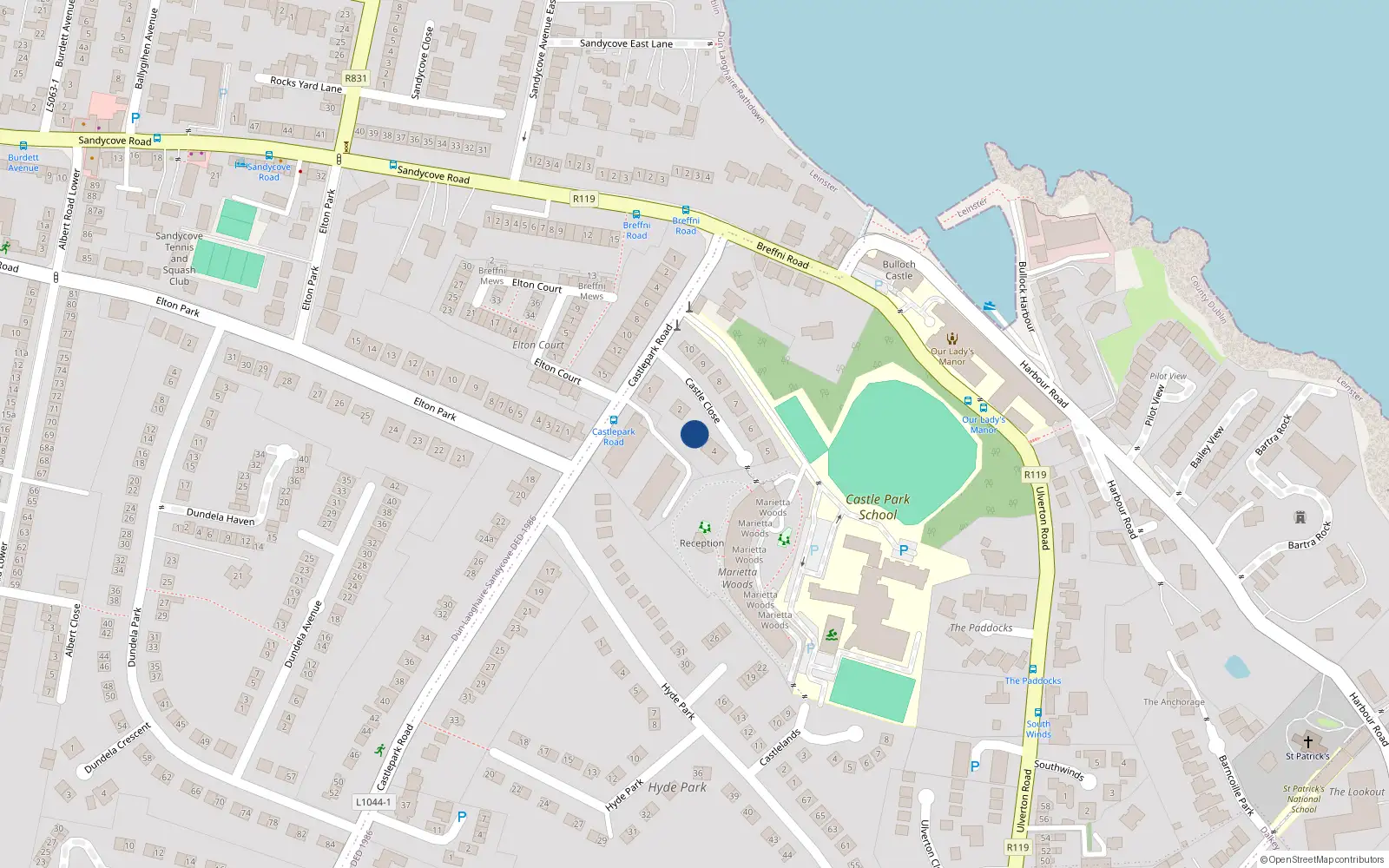 Overhead map showing the location of 3 Castle Close, Dalkey