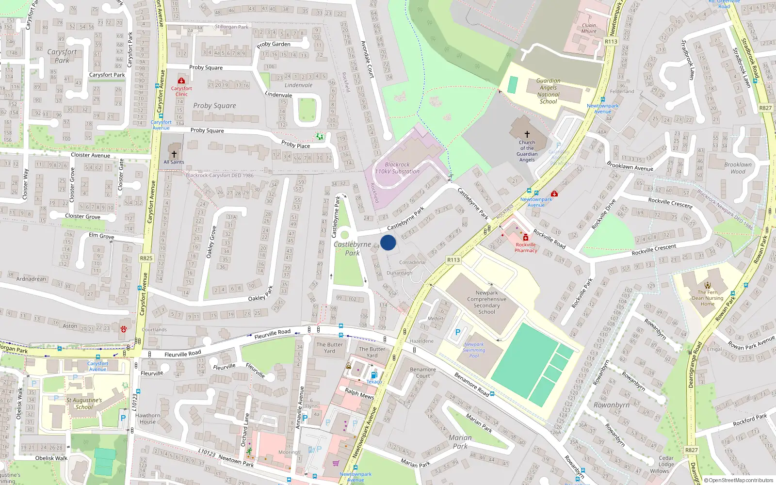 Overhead map showing the location of 3 Castlebyrne View, Castlebyrne Park, Blackrock