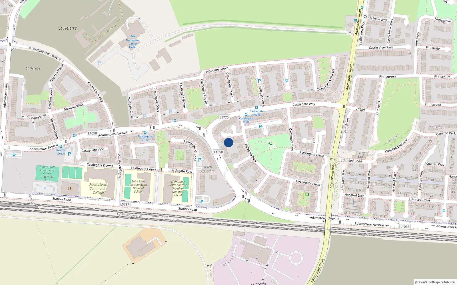 Overhead map showing the location of 3 Castlegate Court, Adamstown, Lucan