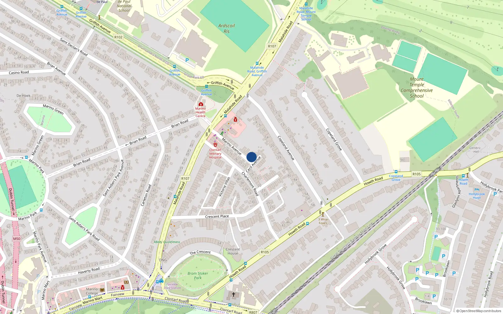 Overhead map showing the location of 3 Cecil Avenue, Dublin 3