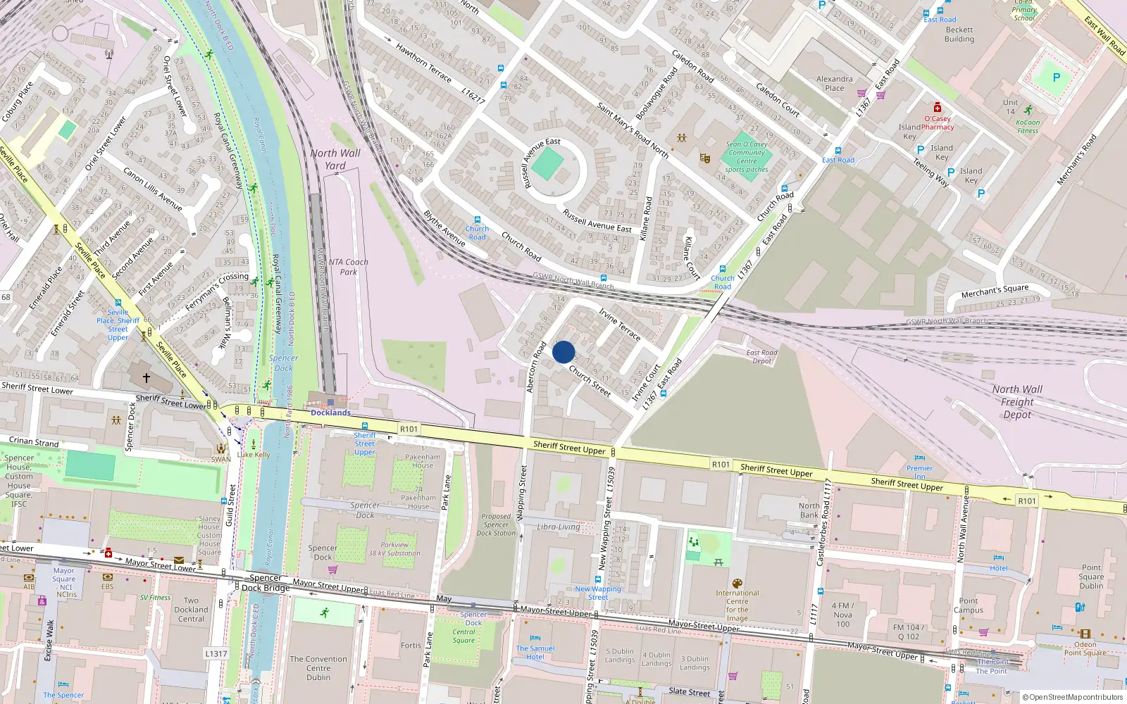 Overhead map showing the location of 3 Church St East, East Wall, Dublin 3