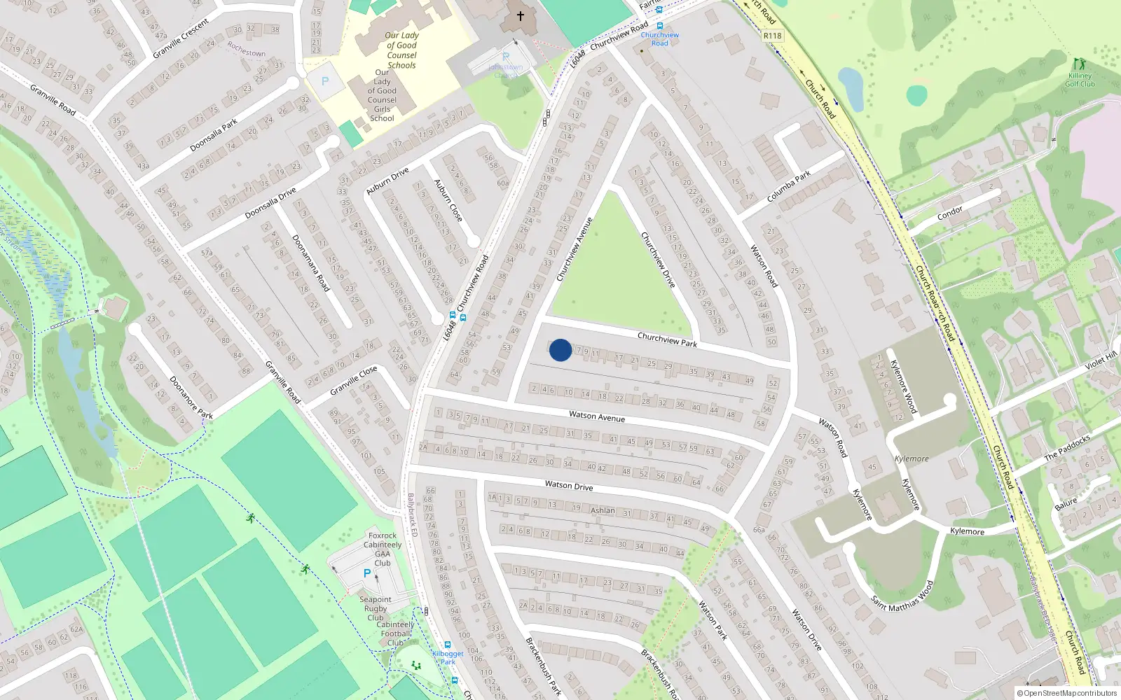 Overhead map showing the location of 3 Churchview Park, Killiney