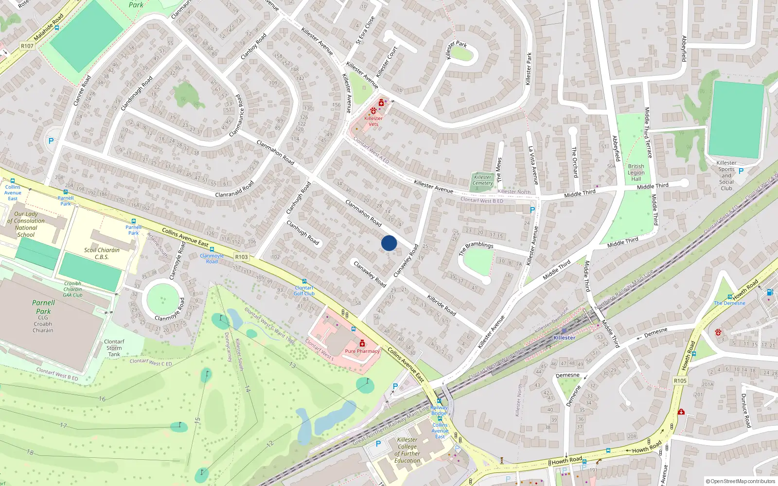 Overhead map showing the location of 3 Clanmahon Road, Donnycarney, Dublin 5