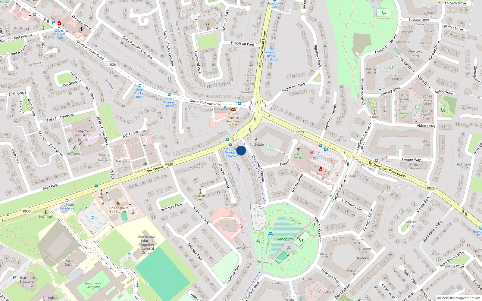 Overhead map showing the location of 3 Claremont Avenue, Dun Laoghaire