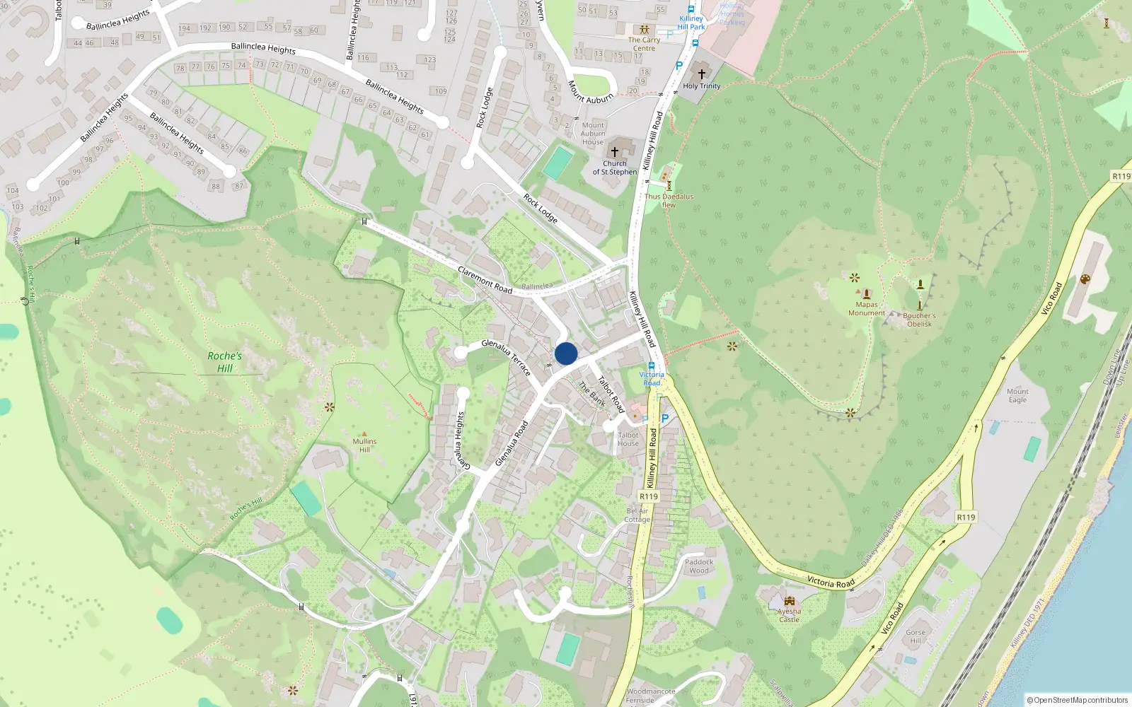 Overhead map showing the location of 3 Claremont Grove, Killiney, Dublin