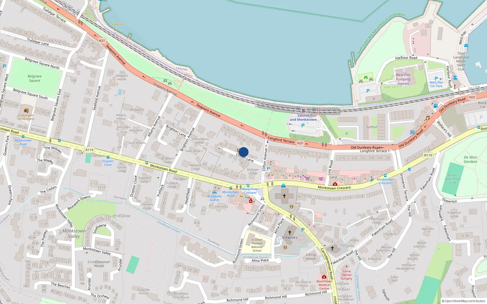Overhead map showing the location of 3 Clifton Lane, Monkstown