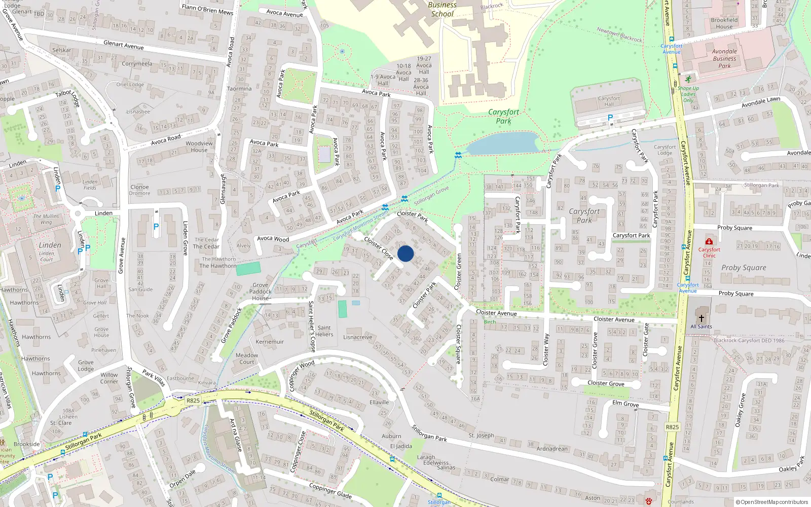Overhead map showing the location of 3 Cloister Close, Blackrock, Dublin