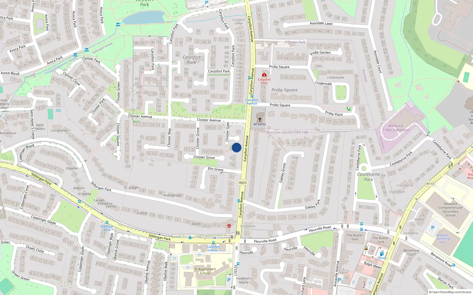 Overhead map showing the location of 3 Cloister Gate, Blackrock