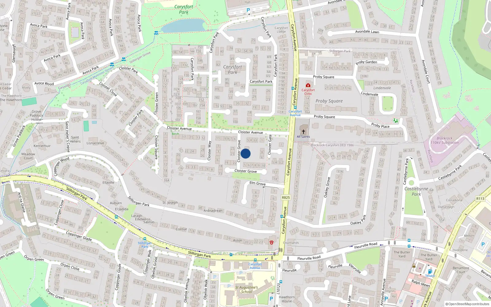 Overhead map showing the location of 3 Cloister Grove, Carysfort Avenue, Blackrock
