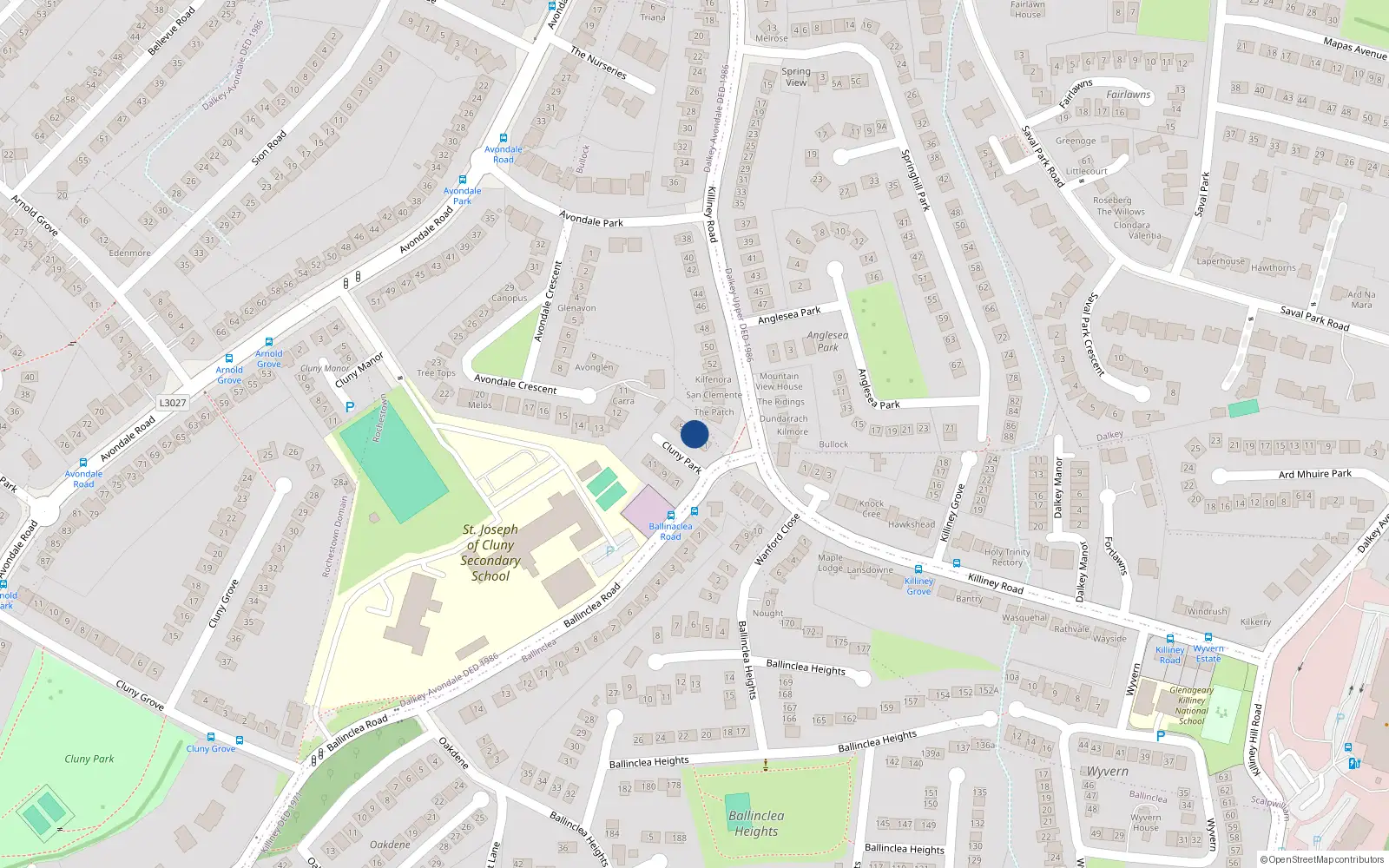Overhead map showing the location of 3 Cluny Park, Killiney