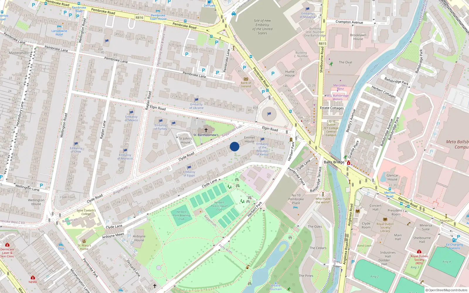 Overhead map showing the location of 3 Clyde Road, Dublin