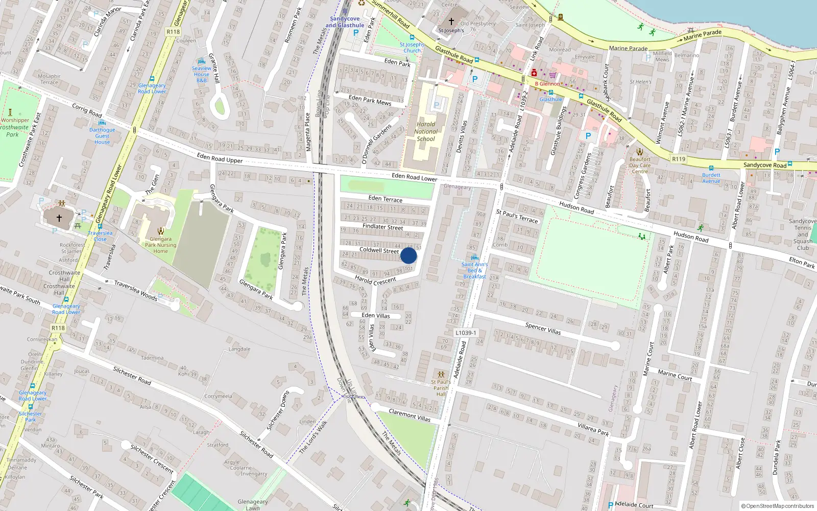 Overhead map showing the location of 3 Coldwell St, Glasthule, Dublin