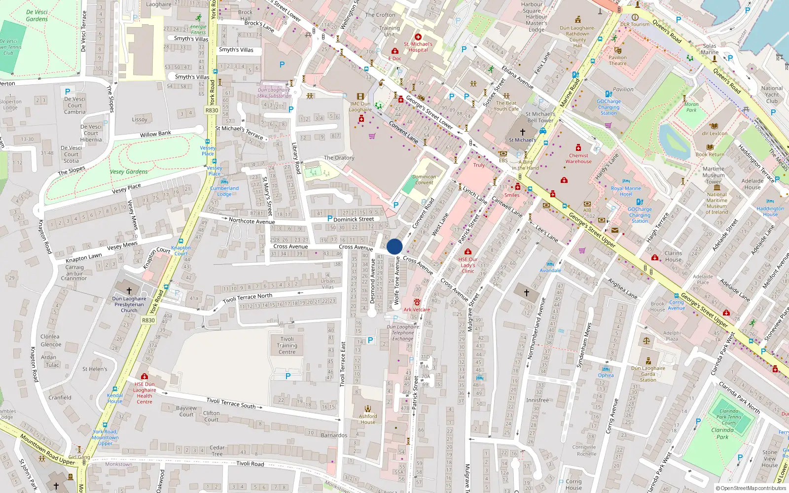 Overhead map showing the location of 3 Convent Road, Dun Laoghaire, Dublin