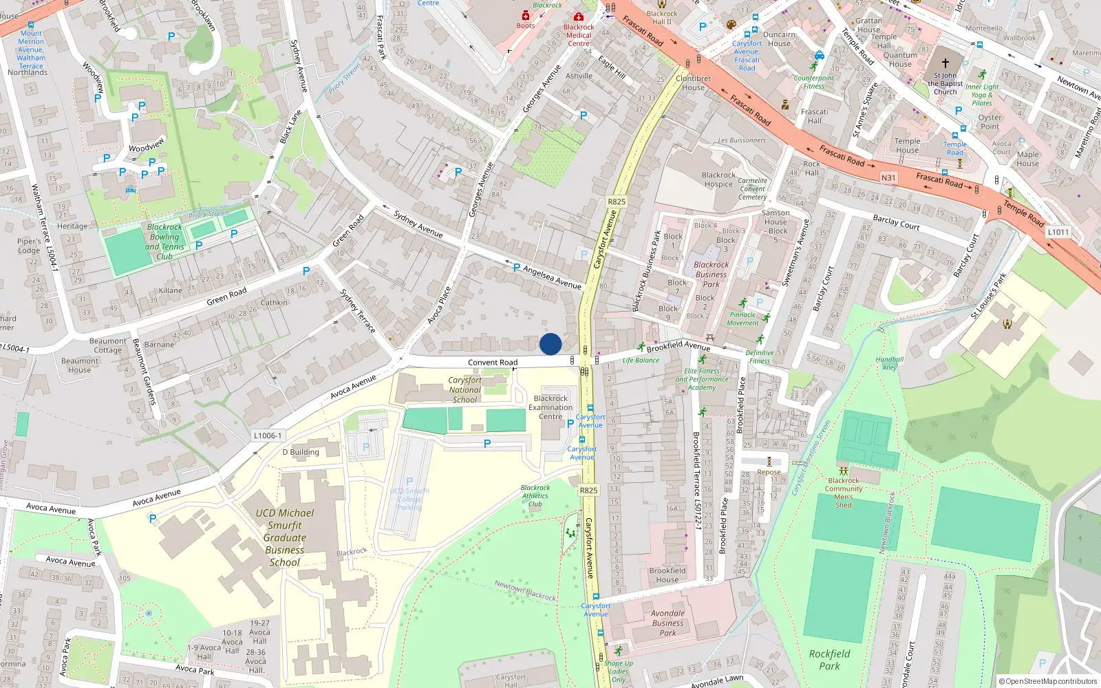 Overhead map showing the location of 3 Convent Road, Blackrock