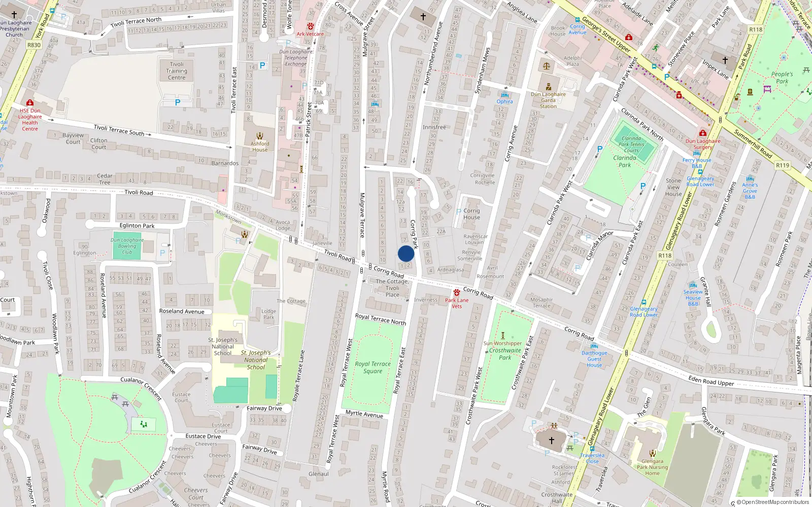 Overhead map showing the location of 3 Corrig Park, Dun Laoghaire, Dublin