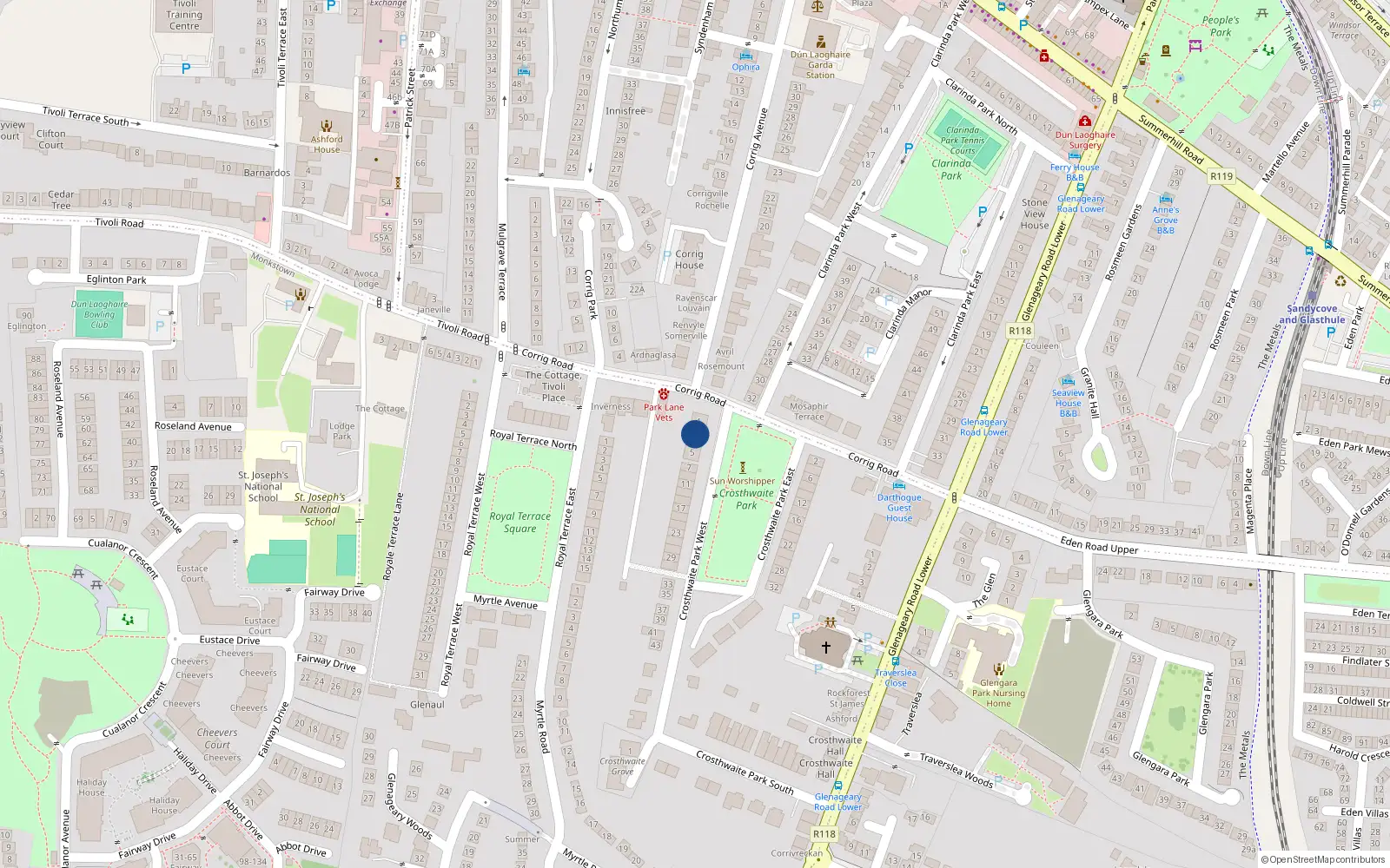 Overhead map showing the location of 3 Crossthwaite Terrace, Dun Laoghaire, Dublin