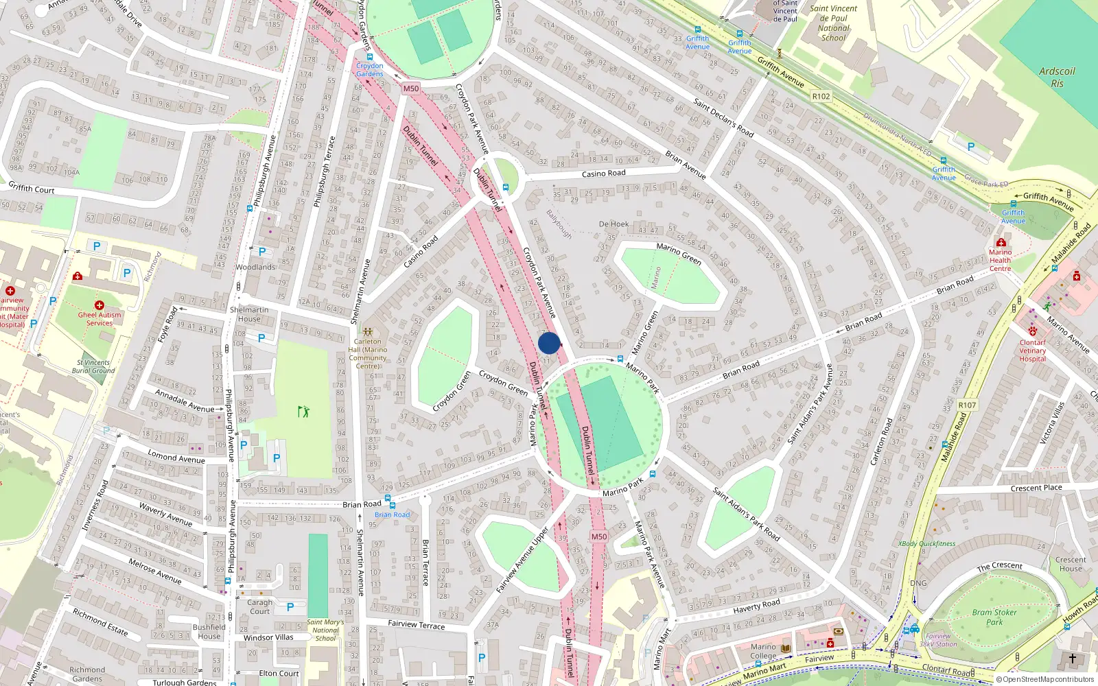Overhead map showing the location of 3 Croydon Park Avenue, Marino, Dublin 3