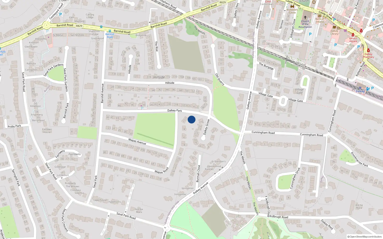 Overhead map showing the location of 3 Dalkey Park, Dalkey, Dublin