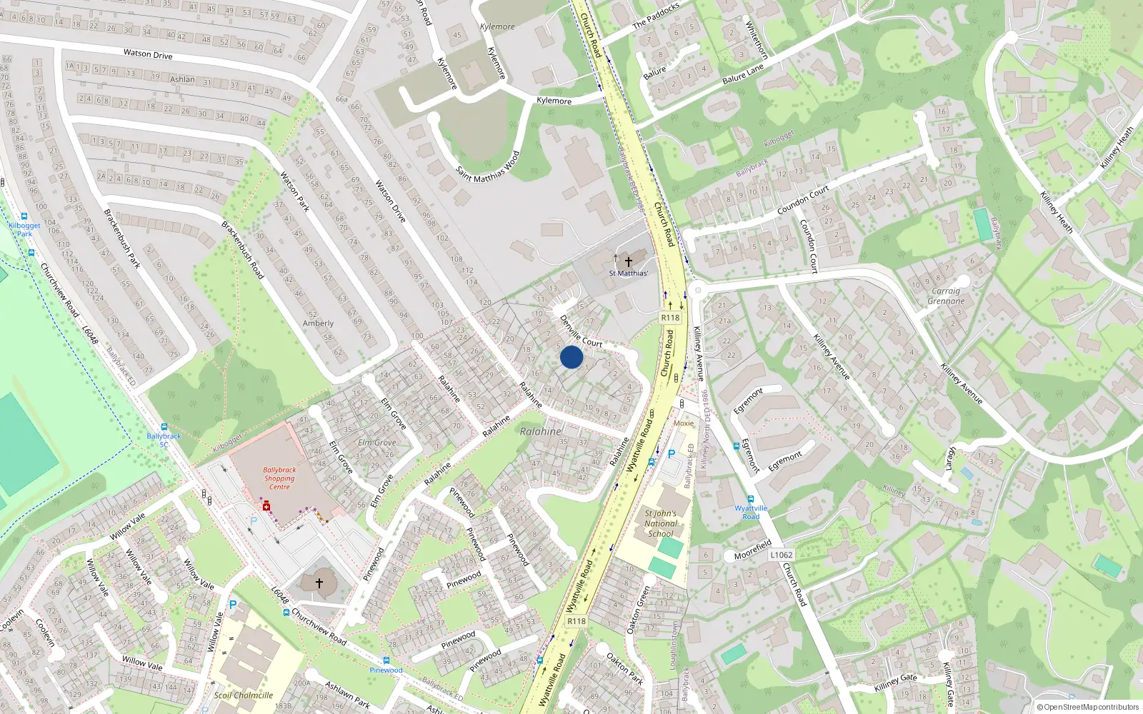 Overhead map showing the location of 3 Denville Court, Killiney