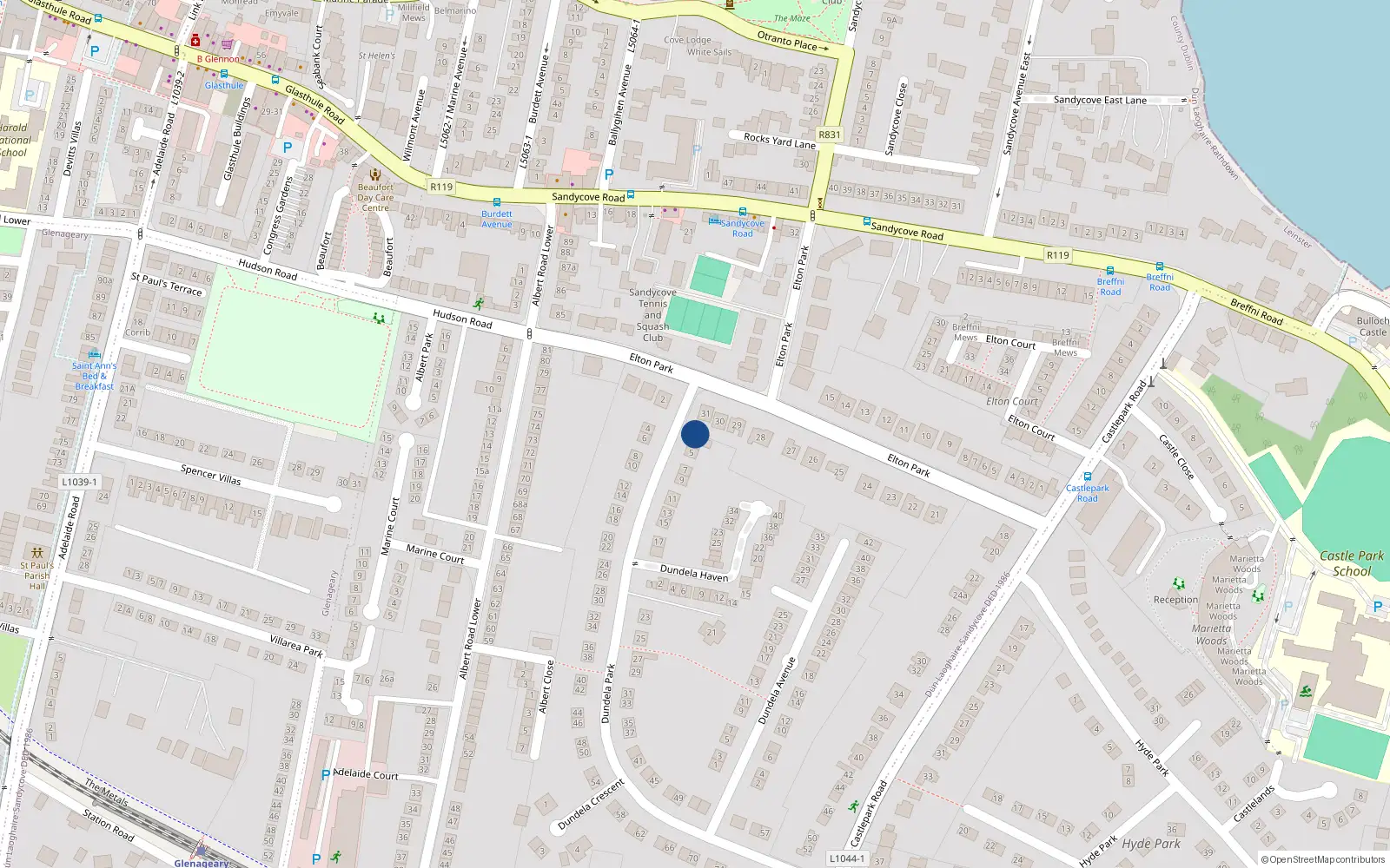 Overhead map showing the location of 3 Dundela Park, Dun Laoghaire