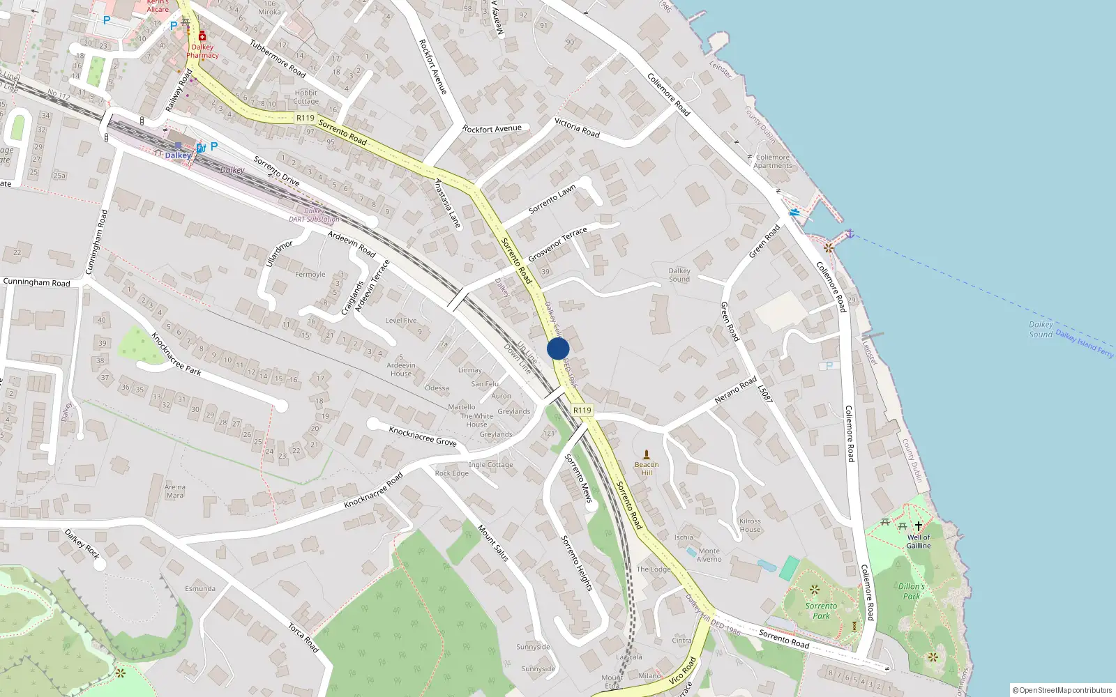Overhead map showing the location of 3 Eagle Terrace, Sorrento Road, Dalkey