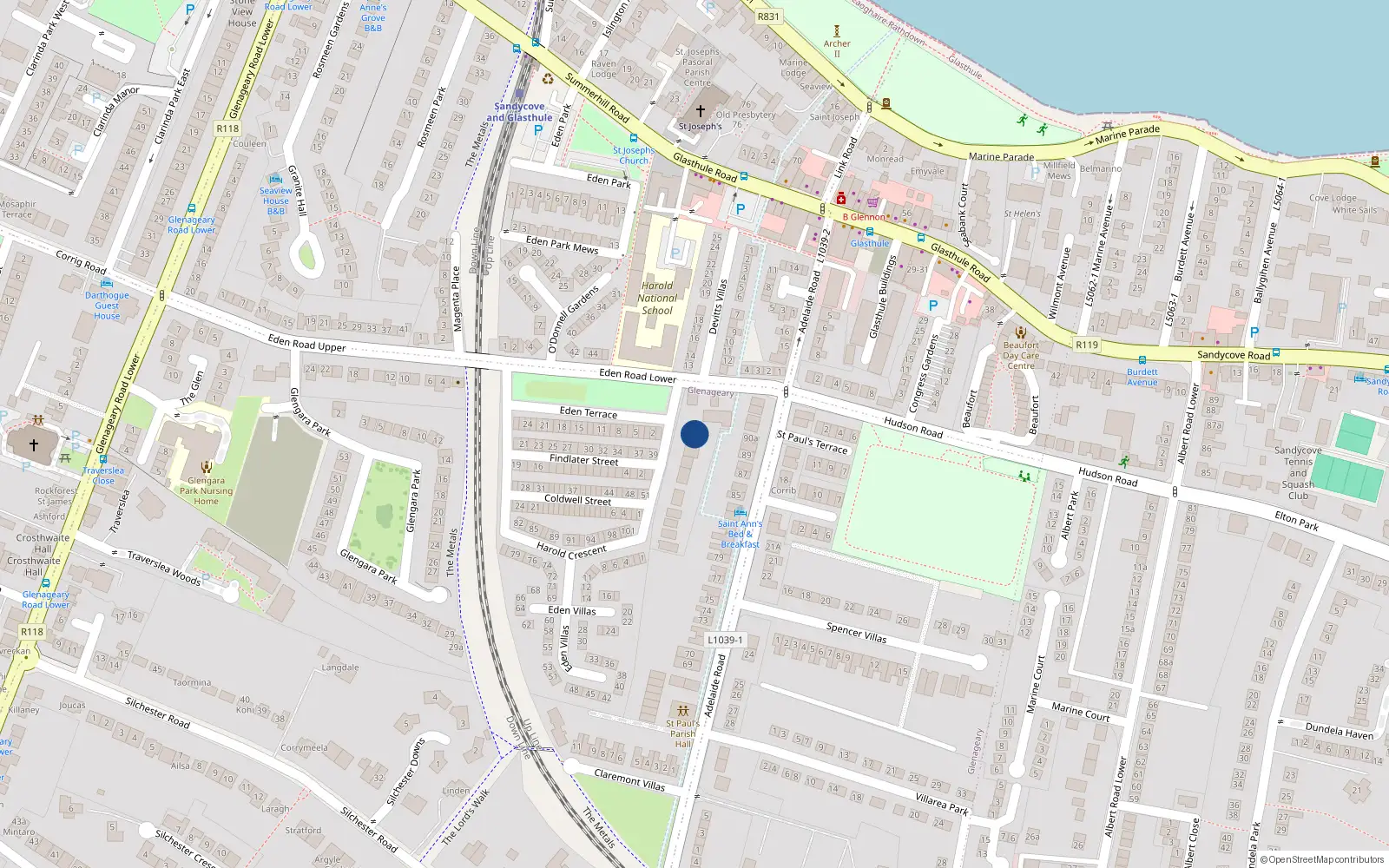 Overhead map showing the location of 3 Eden Court, Harold Crescent, Glasthule