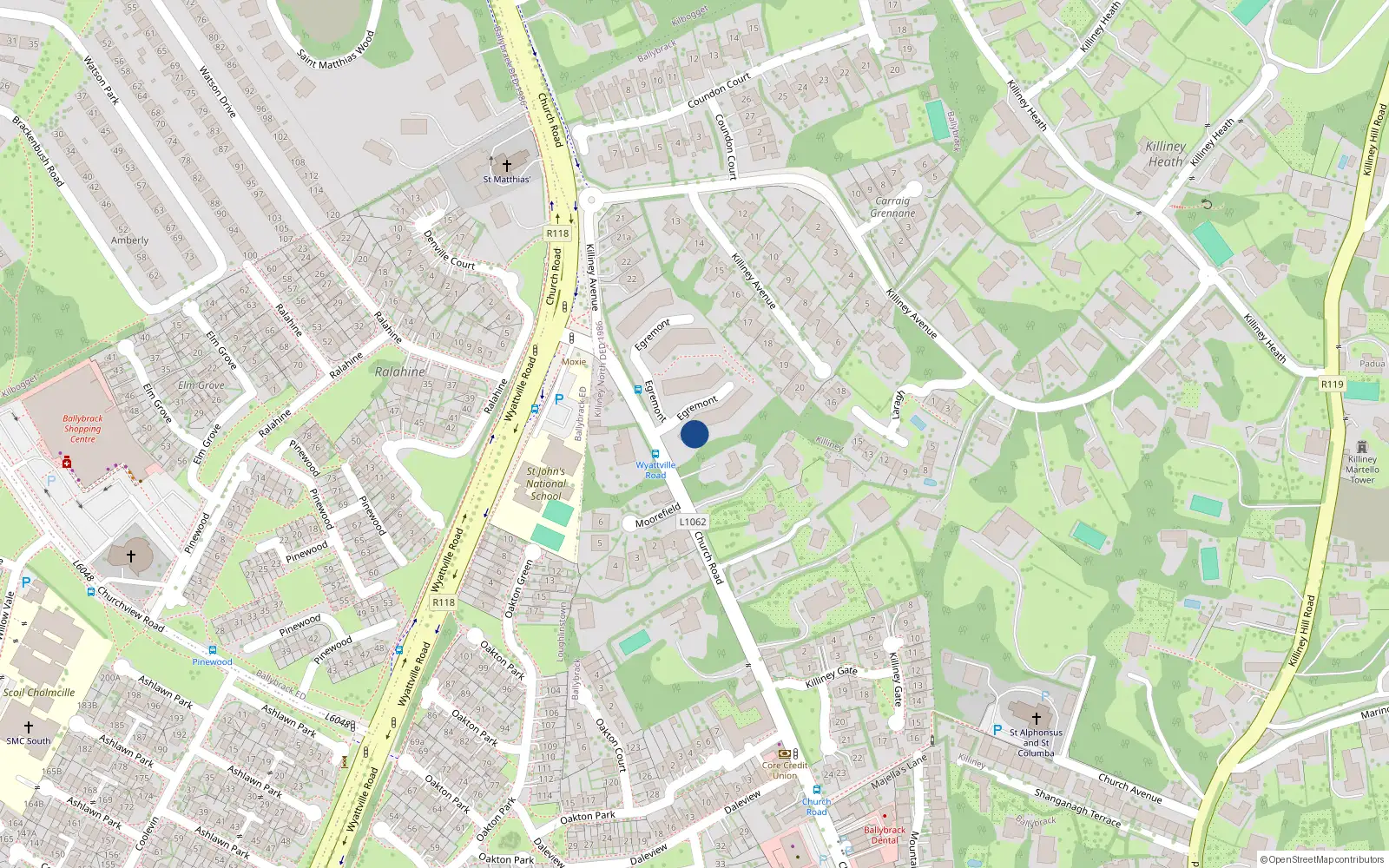 Overhead map showing the location of 3 Egremont, Church Road, Killiney