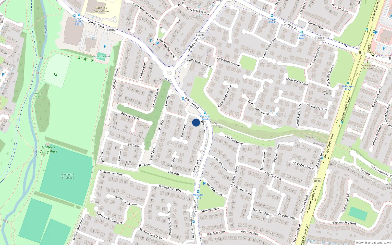 Overhead map showing the location of 3 Elm Grove, Lucan, Dublin