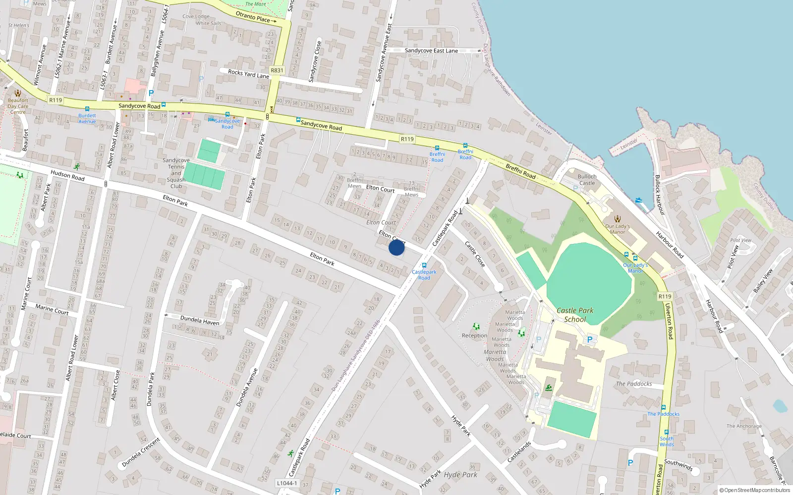 Overhead map showing the location of 3 Elton Court, Sandycove