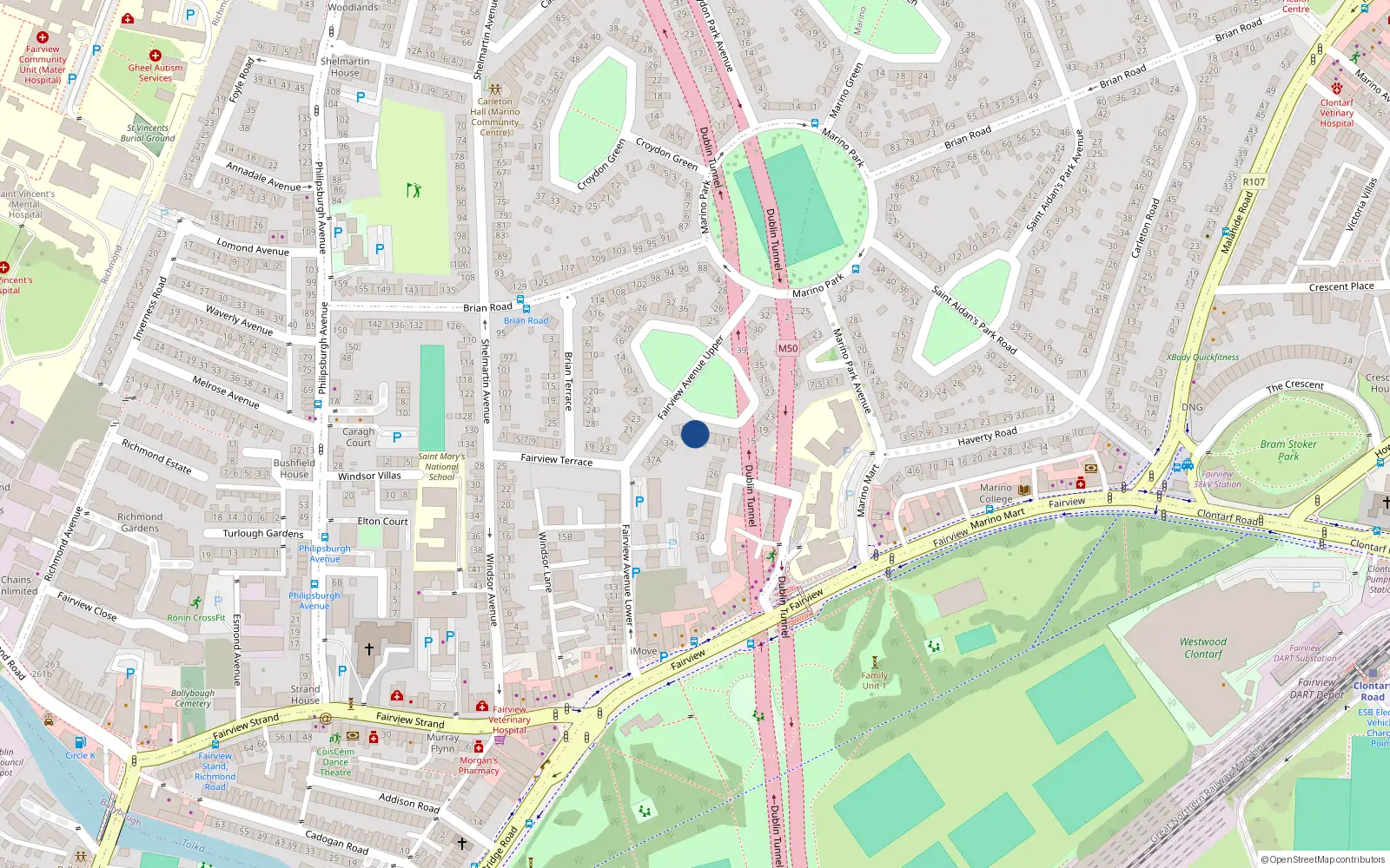 Overhead map showing the location of 3 Fairview Green, Fairview, Dublin 3