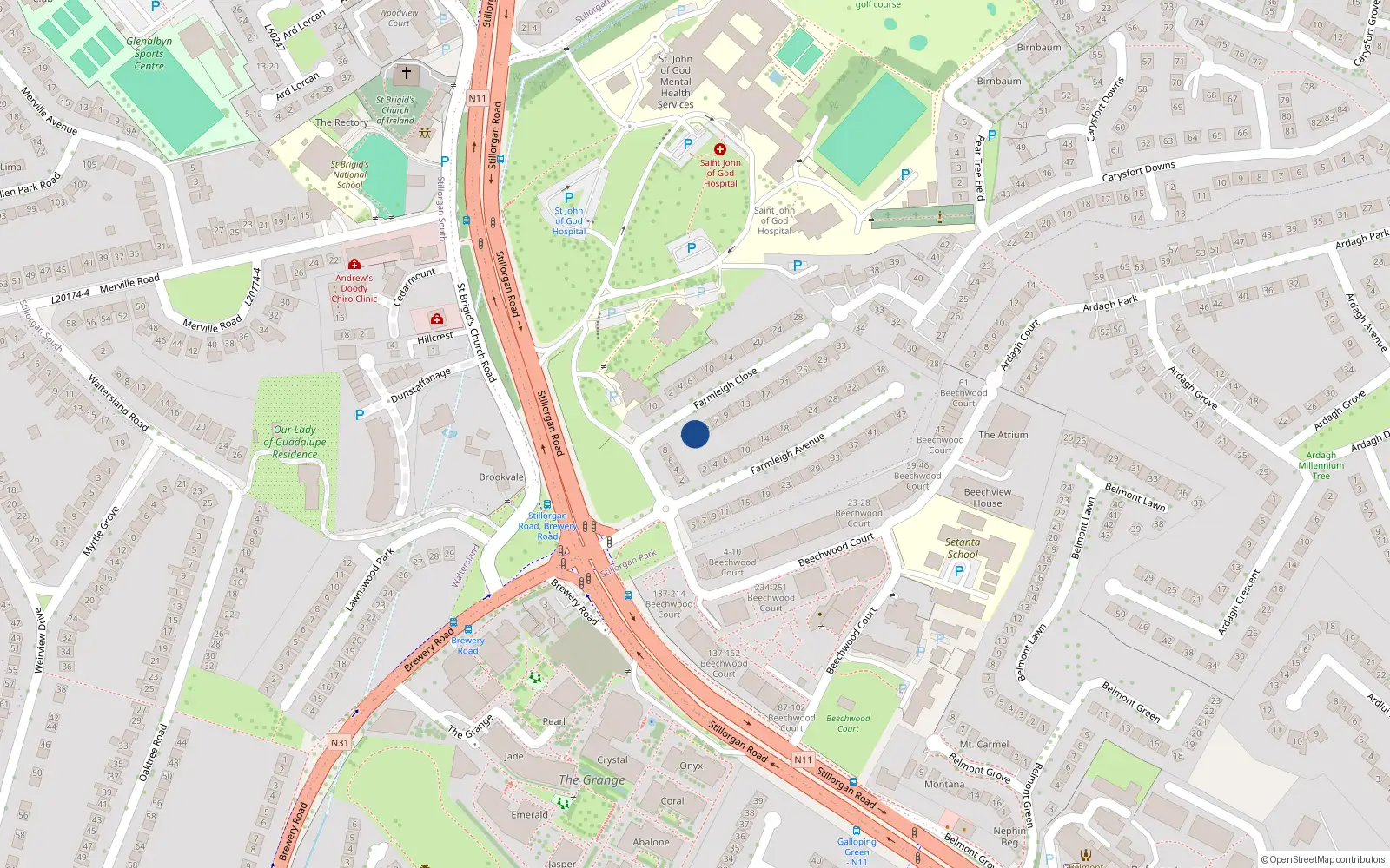 Overhead map showing the location of 3 Farmleigh Close, Stillorgan, Dublin