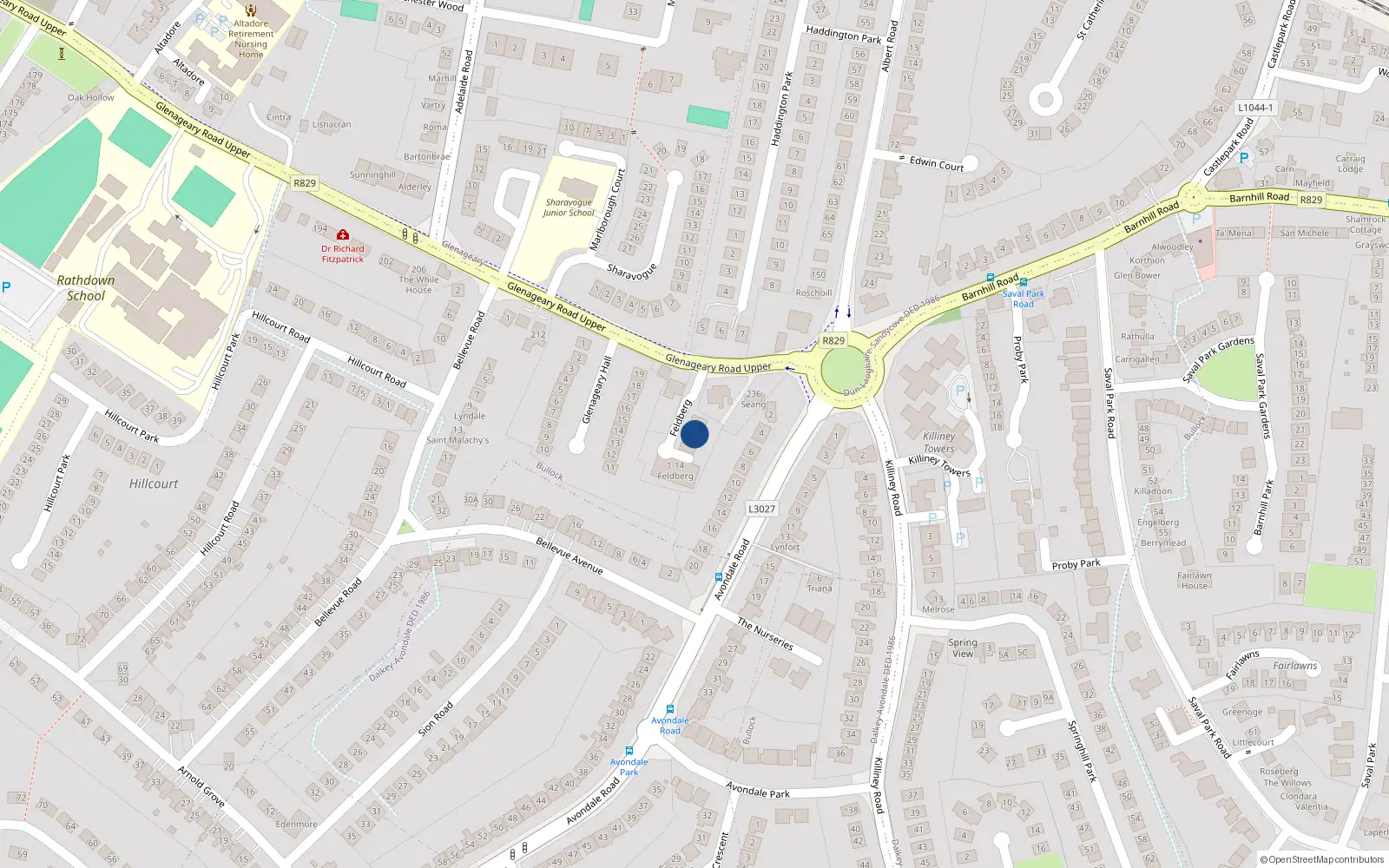 Overhead map showing the location of 3 Feldberg Road, Glenageary