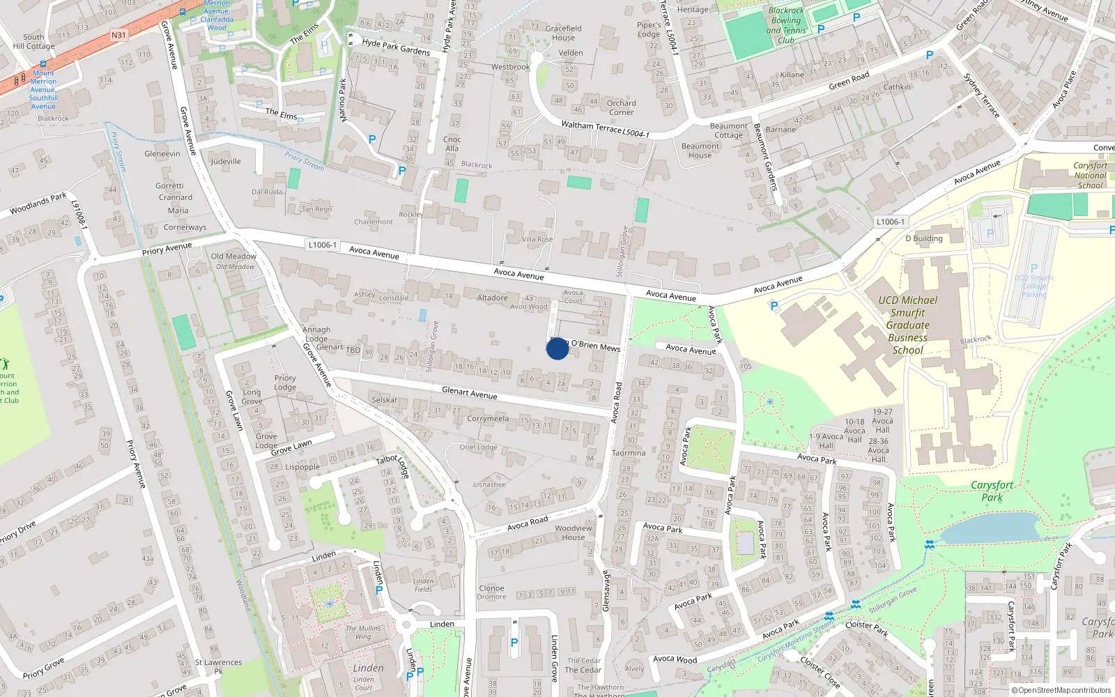 Overhead map showing the location of 3 Flann O Brien Mews, Avoca Road, Blackrock
