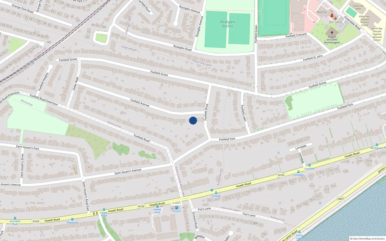 Overhead map showing the location of 3 Foxfield Avenue, Dublin 5