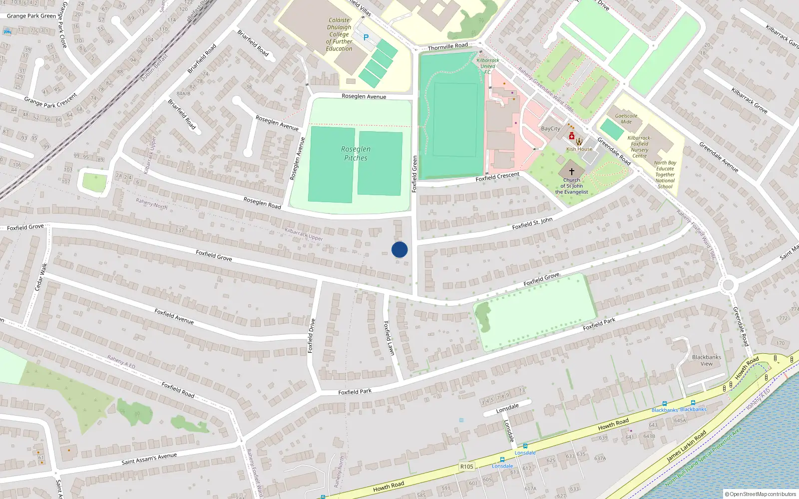 Overhead map showing the location of 3 Foxfield Green, Raheny, Dublin City