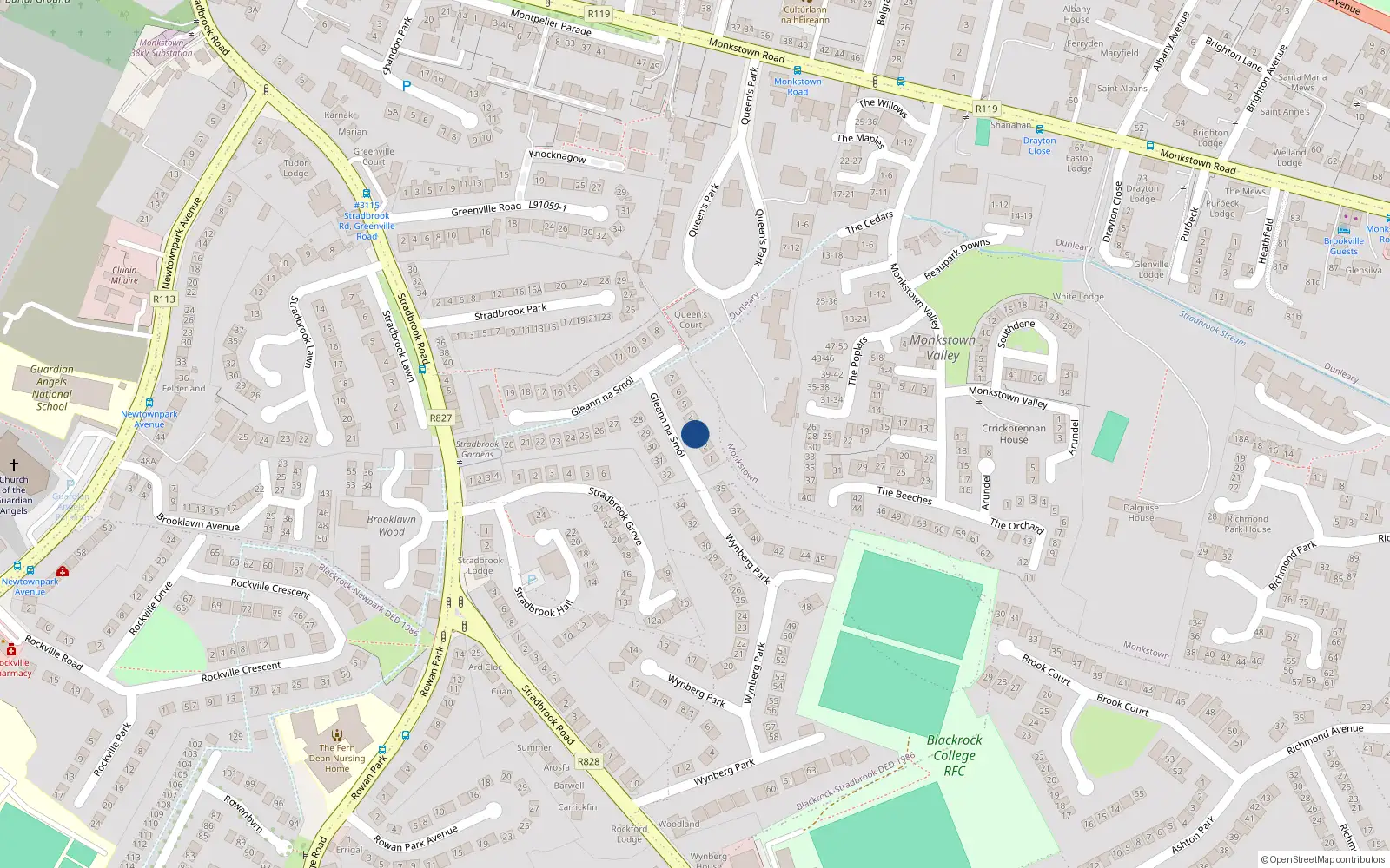 Overhead map showing the location of 3 Gleann na Smol, Stradbrook Road, Blackrock