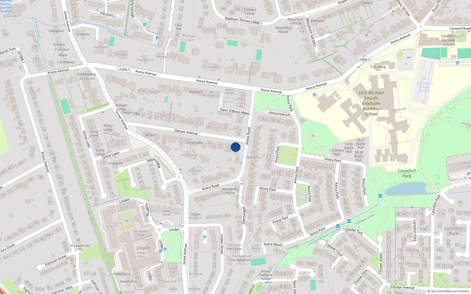 Overhead map showing the location of 3 Glenart Avenue, Blackrock